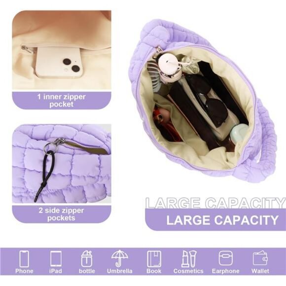 Quilted Puffer Tote Bag Purse Puffy Crossbody Shoulder Bag,Lightweight Nylon - Picture 4 of 7